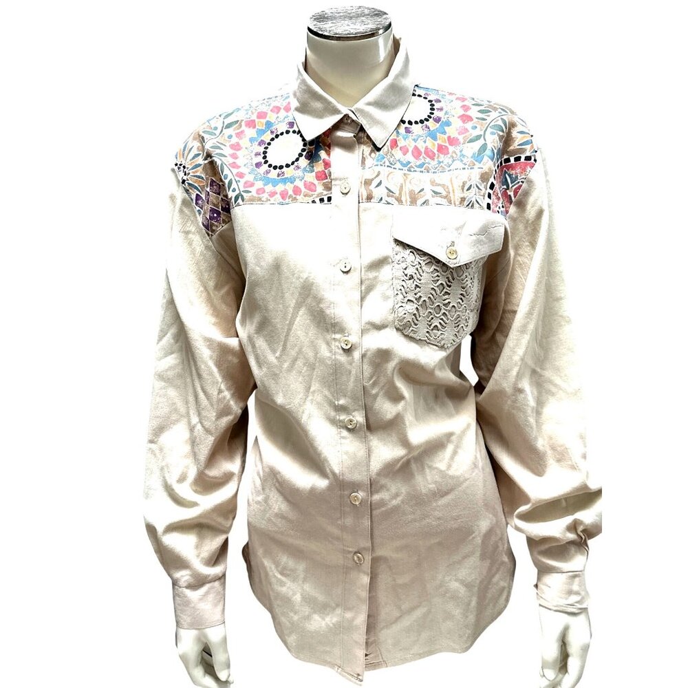 Tapestry Medium Ivory Tan Satin Look Mosaic Yoke Lace Pocket Button Front Blouse - Picture 9 of 10